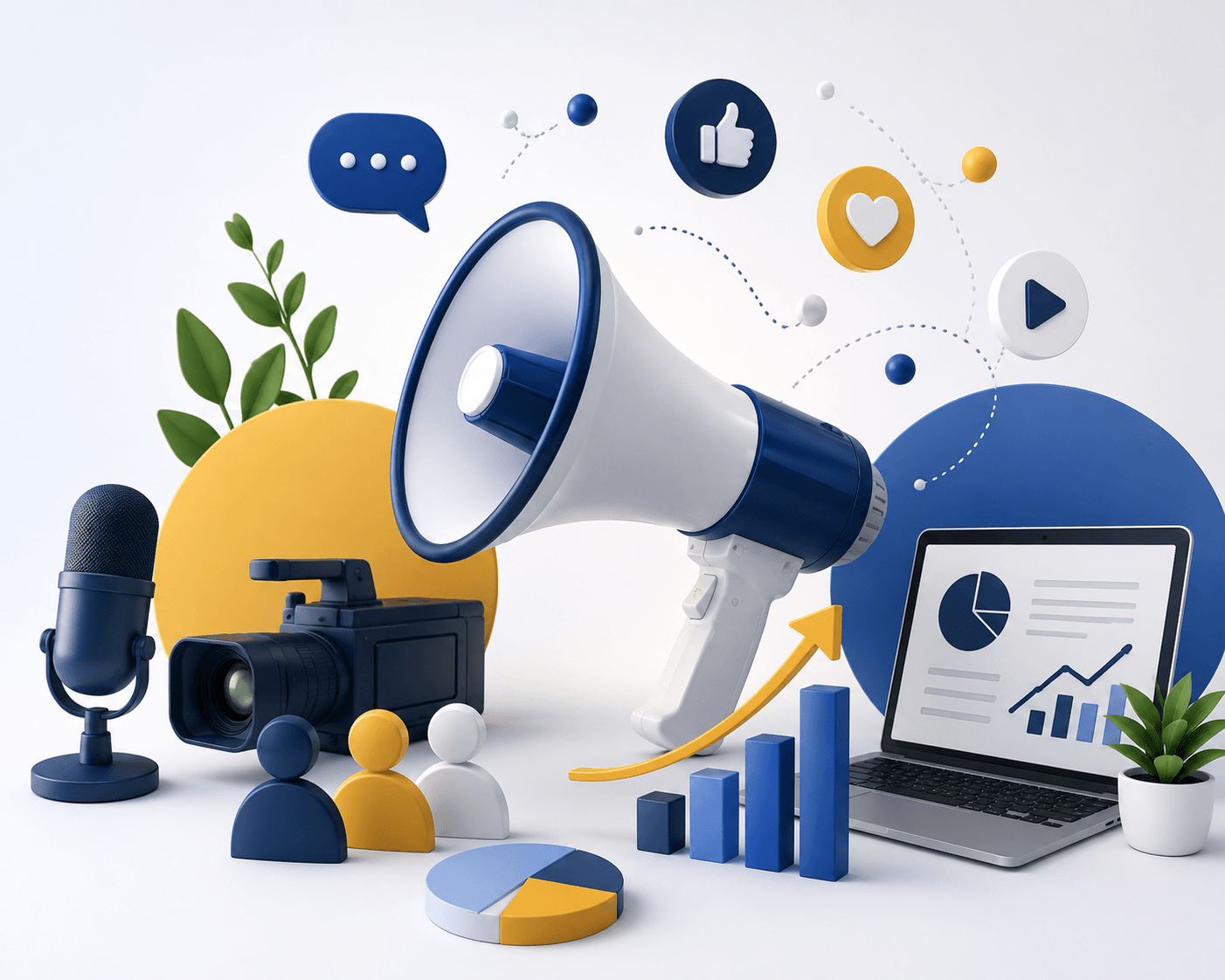 PR and marketing campaign image with media, analytics and digital promotion icons