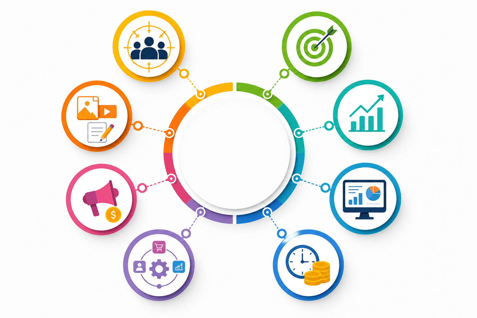 Social media planning diagram showing content, audience targeting, analytics and channel growth icons
