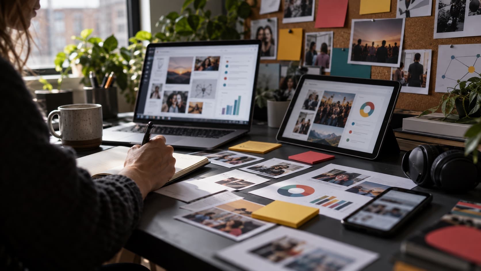 Audience research desk with devices, community insights, notes and campaign analysis materials