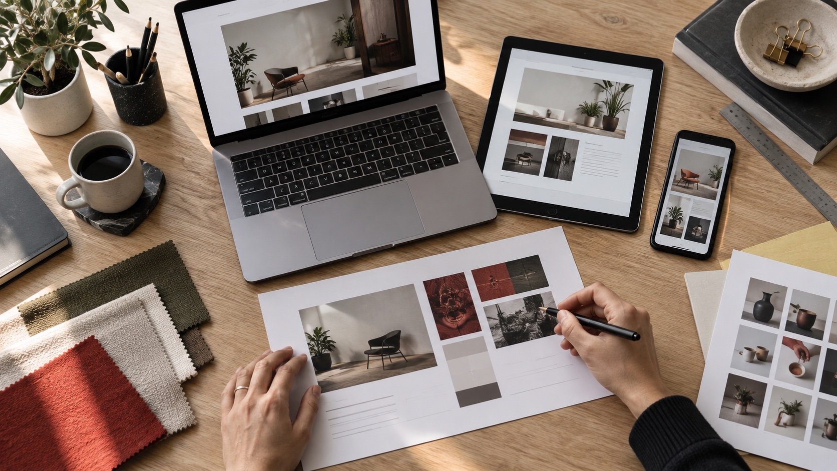 Responsive design review with laptop, tablet, phone, printed layouts and material swatches